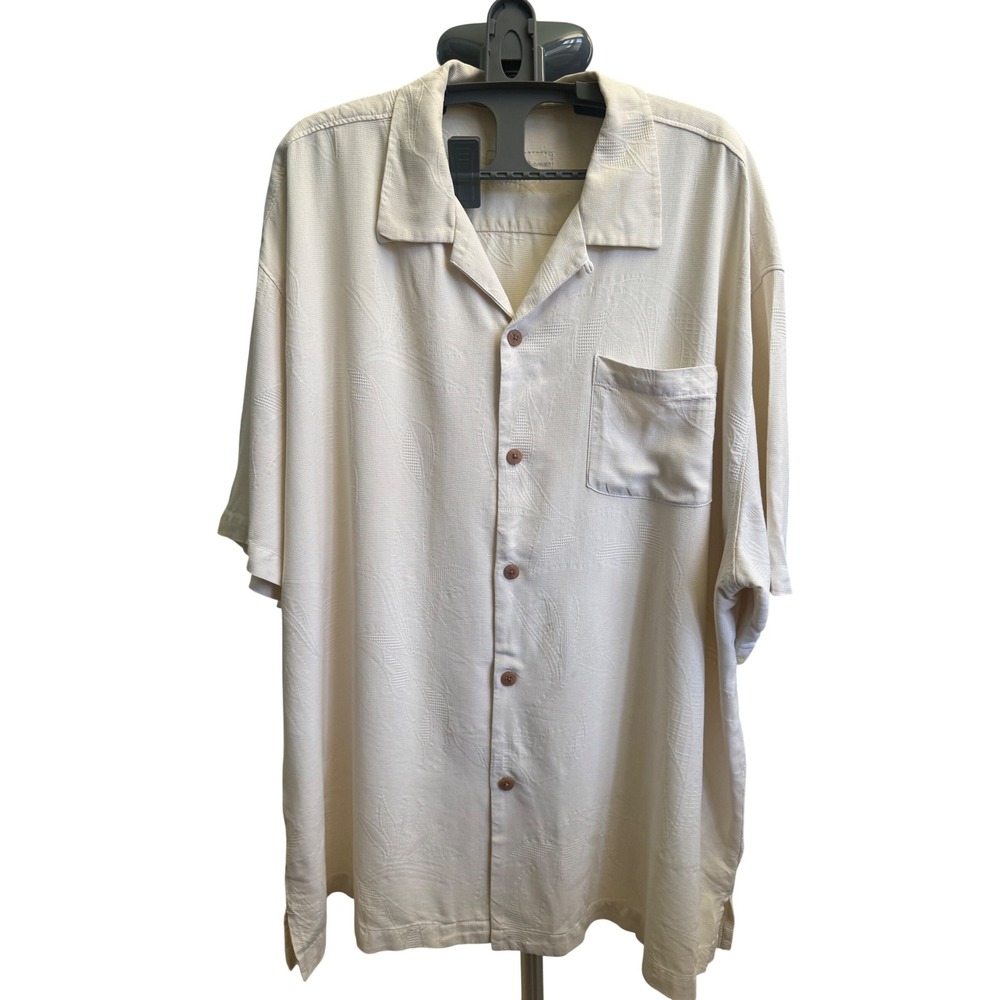Tommy Bahama Mens XXL Silk Shirt Cream Jacquard Palm Leaf Original Fit Short